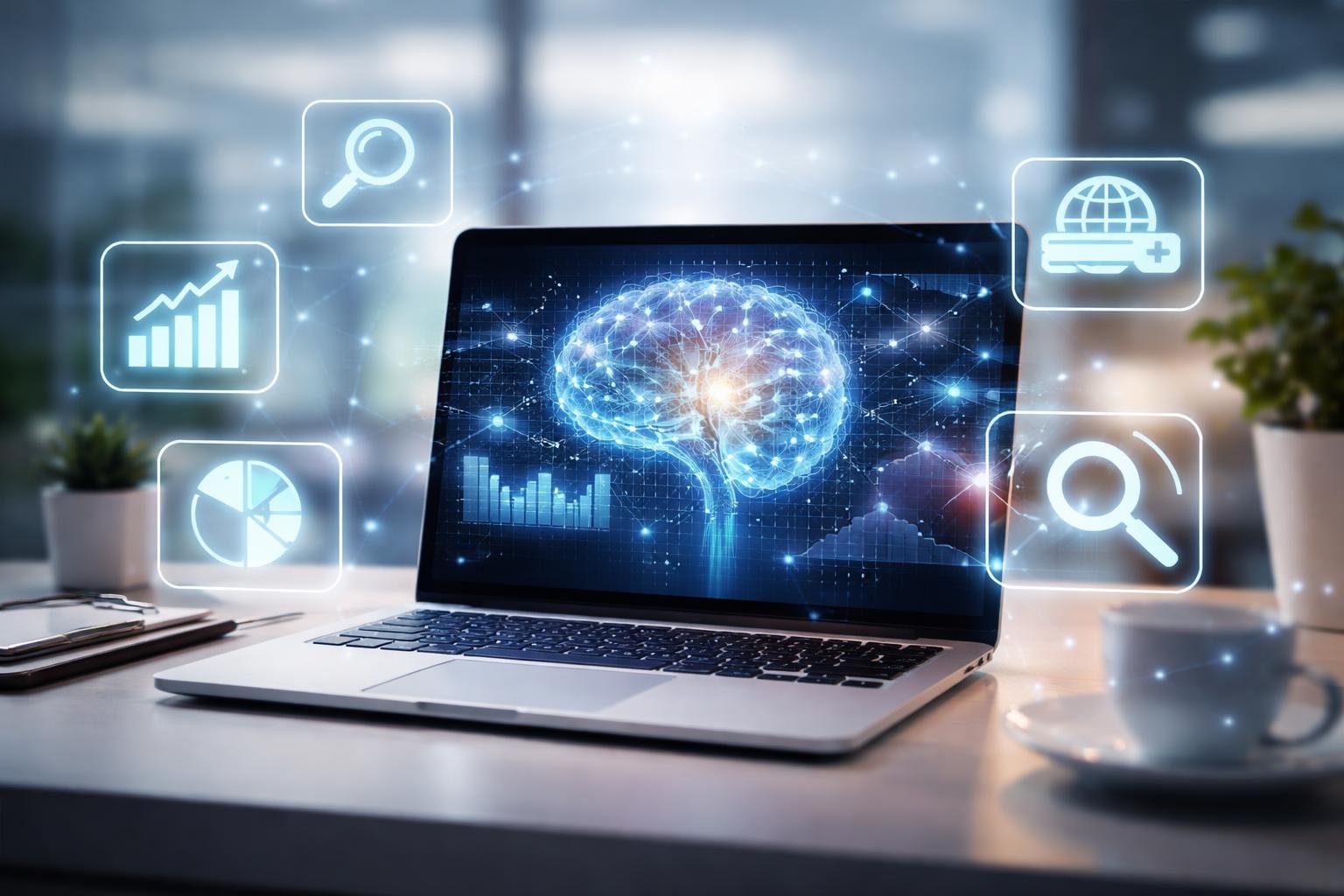 Ein moderner Arbeitsplatz mit einem Laptop, der digitale Daten und KI-Netzwerkgrafiken zeigt, umgeben von Symbolen f&uuml;r Suchmaschinen, Schl&uuml;sselw&ouml;rter und Analysediagramme.