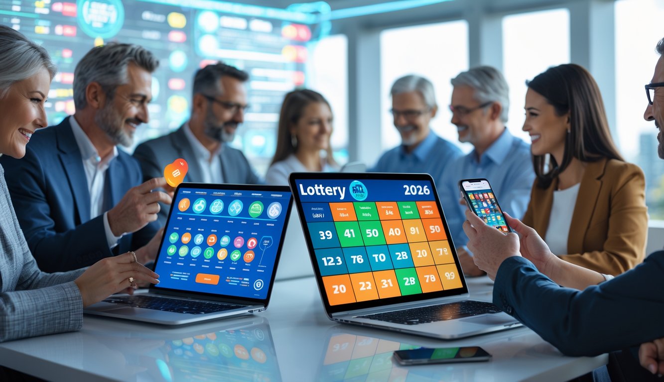 Beberapa orang menggunakan perangkat digital untuk bermain togel online di lingkungan yang modern dan terang.