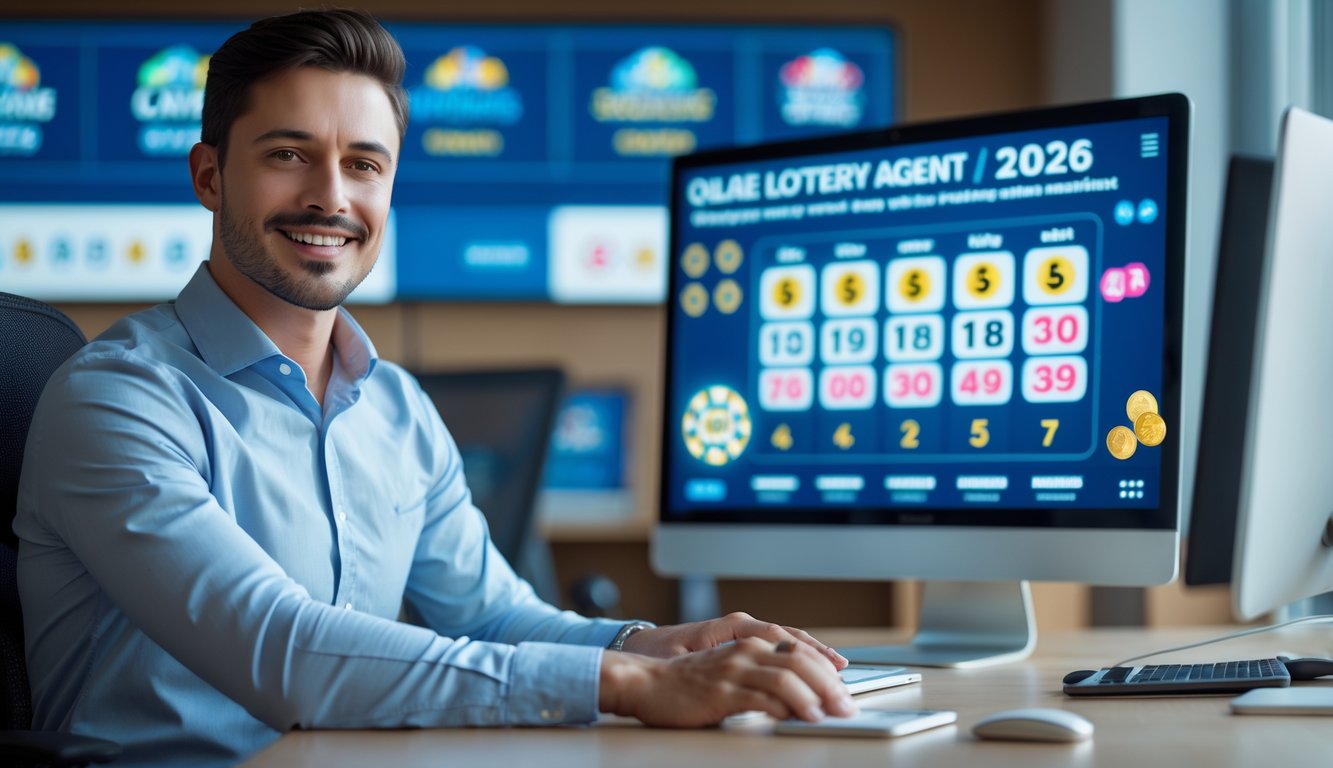 Seorang agen togel online yang percaya diri di kantor modern dengan layar komputer menampilkan grafik dan angka togel.