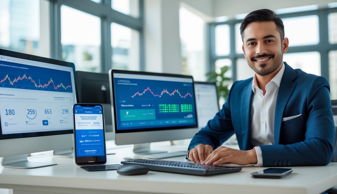 Seorang pebisnis percaya diri duduk di meja kantor modern dengan beberapa monitor komputer menampilkan grafik dan antarmuka transaksi aman.