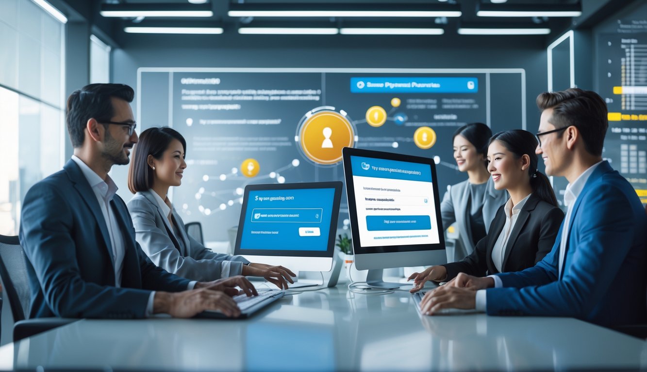 Sekelompok profesional sedang bekerja di kantor modern dengan komputer yang menampilkan proses pembayaran cepat dan aman untuk layanan togel online.