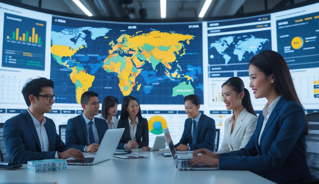 Sekelompok profesional bekerja di kantor modern dengan layar digital menampilkan peta dunia Asia dan Eropa.