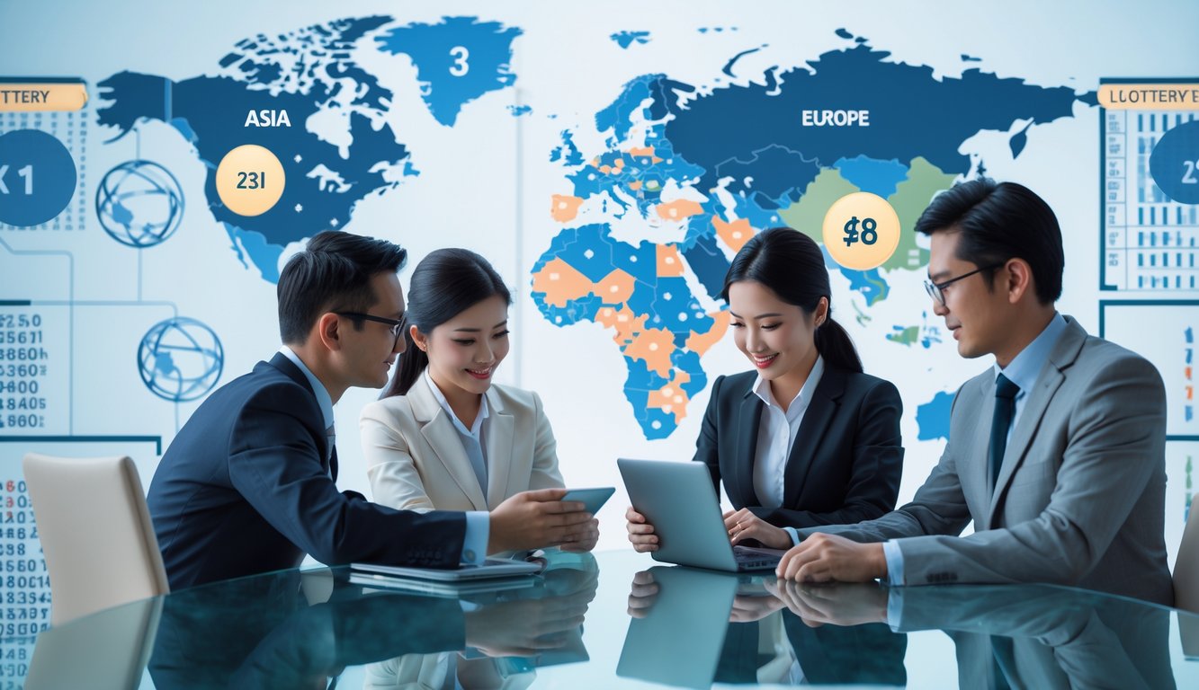 Seorang profesional dari Asia dan Eropa sedang berdiskusi di kantor modern dengan perangkat digital, latar belakang peta dunia yang menyoroti Asia dan Eropa.