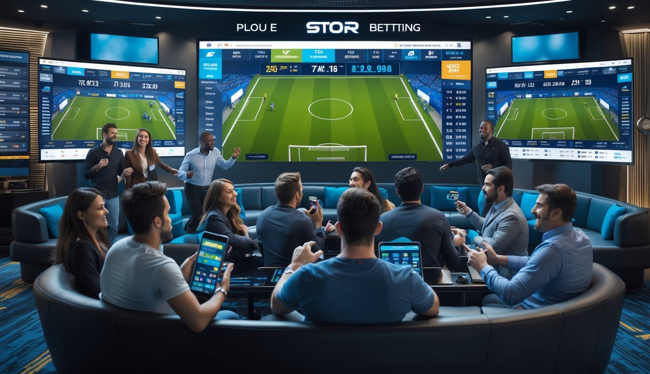 Orang-orang sedang berkumpul di ruang taruhan olahraga dengan layar besar yang menampilkan pertandingan sepak bola dan statistik taruhan.