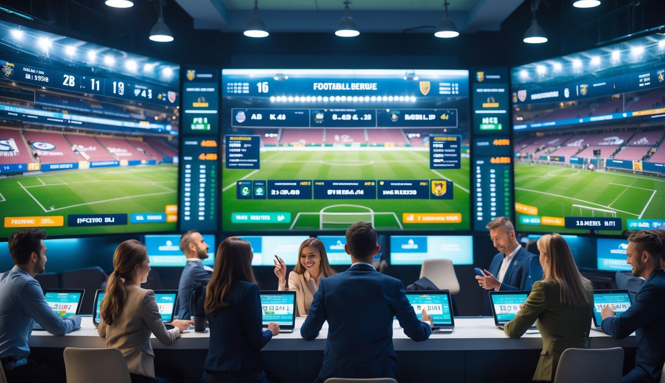 Sekelompok orang antusias sedang memasang taruhan sepak bola di depan layar besar yang menampilkan pertandingan sepak bola internasional dan Eropa.