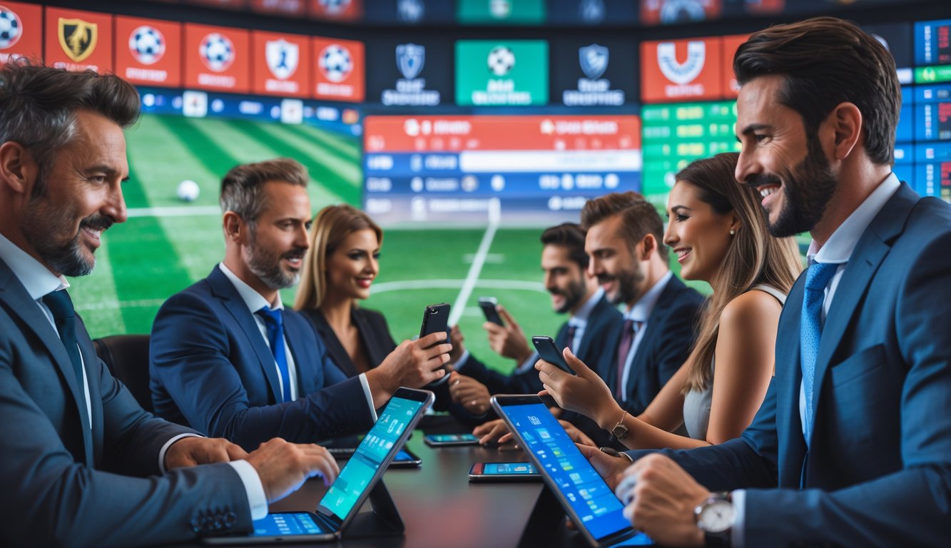 Orang-orang sedang memasang taruhan pada pertandingan sepak bola internasional di sebuah kantor taruhan modern dengan layar besar menampilkan pertandingan sepak bola.