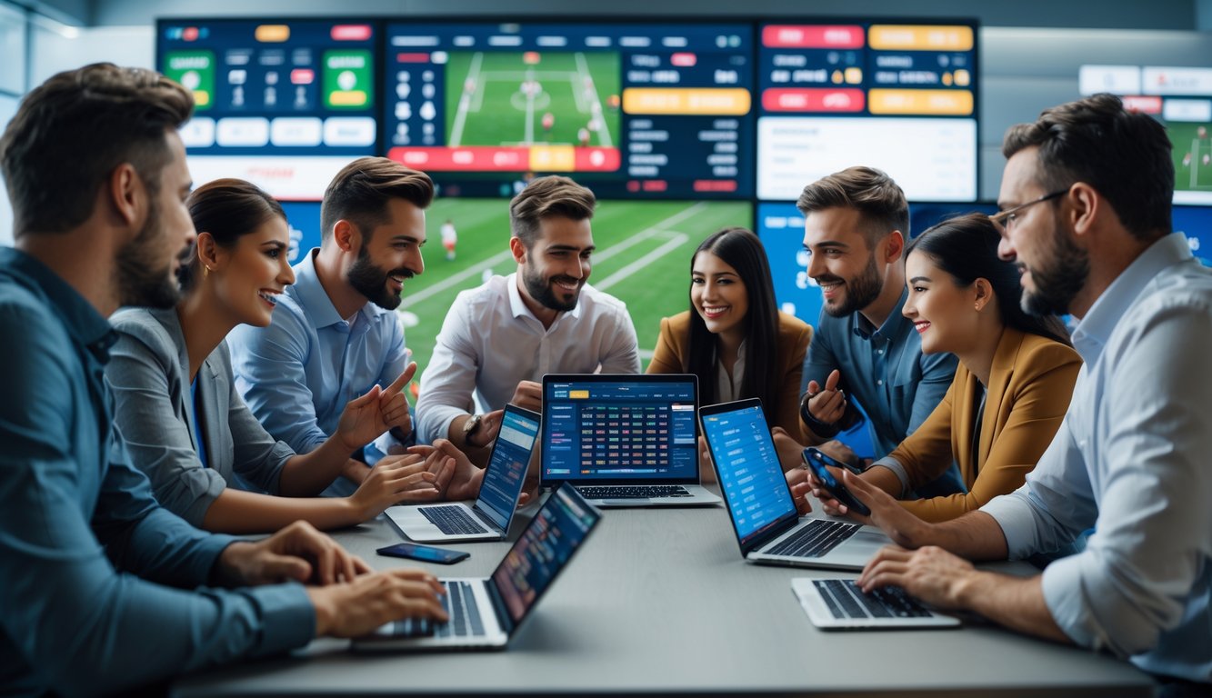 Sekelompok orang dari berbagai latar belakang sedang menggunakan perangkat digital untuk memasang taruhan sepak bola di sebuah ruangan modern dengan layar besar menampilkan pertandingan sepak bola.