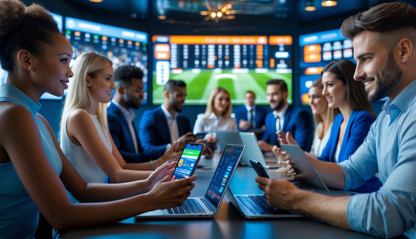 Sekelompok orang menggunakan perangkat digital untuk bertaruh pada pertandingan sepak bola di ruangan modern dengan layar besar menampilkan pertandingan sepak bola.