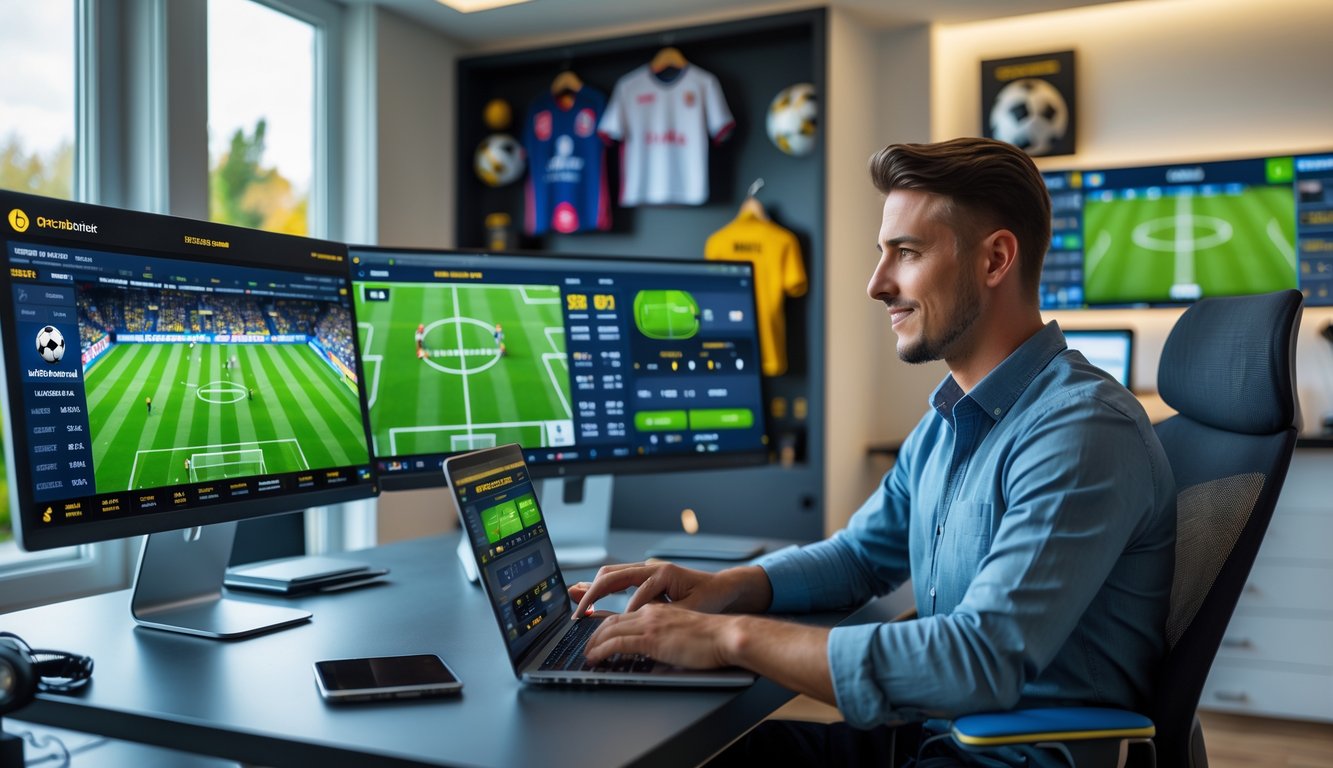 Seorang pria muda duduk di meja dengan beberapa layar komputer menampilkan pertandingan sepak bola dan informasi taruhan, di ruang kerja modern yang terang.