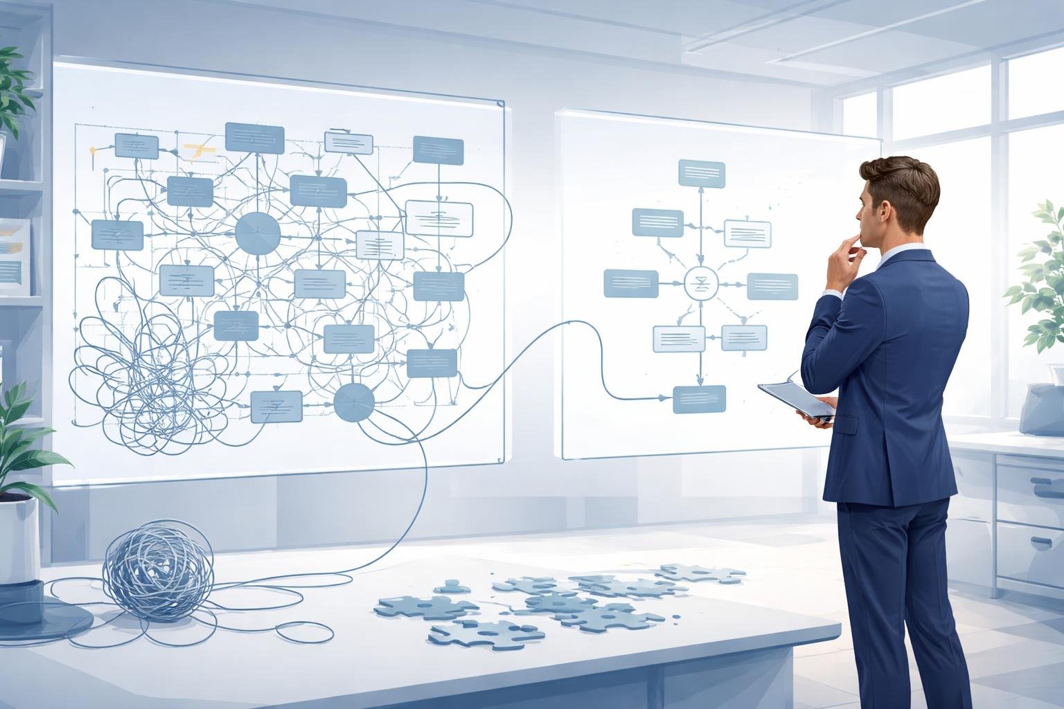 Osoba w biurze analizująca złożony schemat, który przechodzi w uproszczony i czytelny diagram procesu sprzedaży.