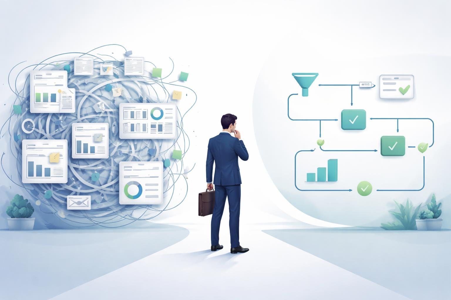 Osoba stojąca między skomplikowanymi wykresami a uproszczoną ścieżką, symbolizująca przejście od nadmiernej skrupulatności do uproszczenia procesów sprzedaży.