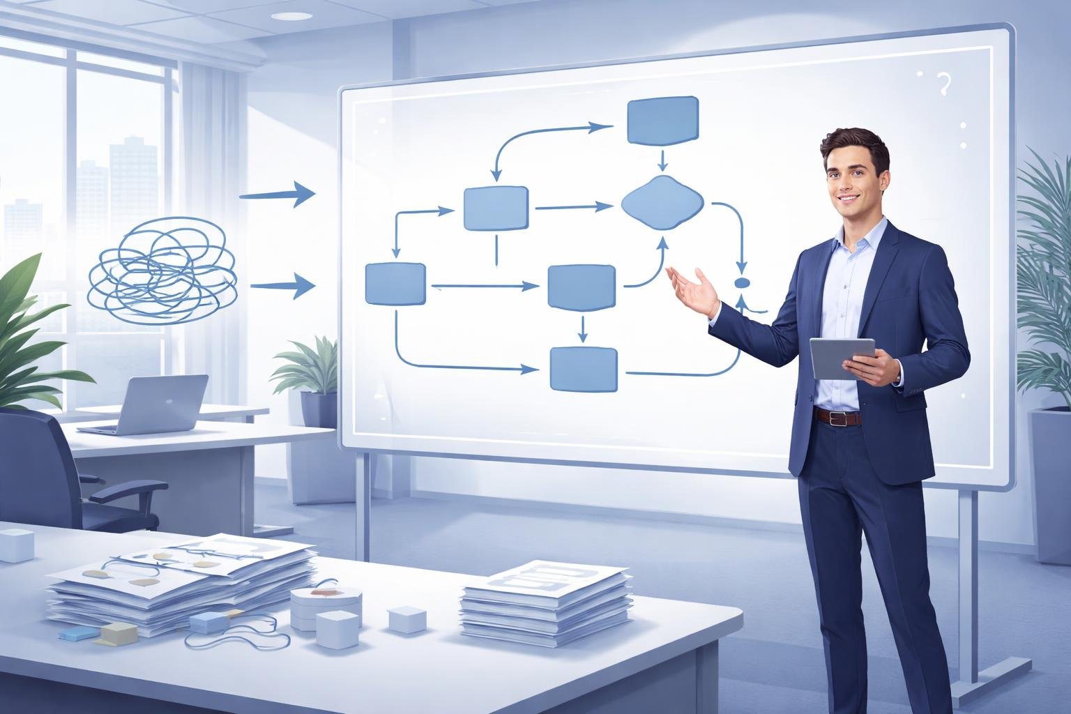 Osoba biznesowa stoi obok uproszczonego schematu procesu sprzedaży na przezroczystym ekranie w nowoczesnym biurze.