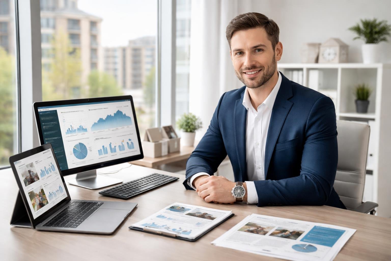 Ein Immobilienmakler sitzt an einem Schreibtisch mit Laptop und Tablet, auf denen Diagramme und Analysen zu Immobilien zu sehen sind, im Hintergrund sind Wohngeb&auml;ude zu erkennen.