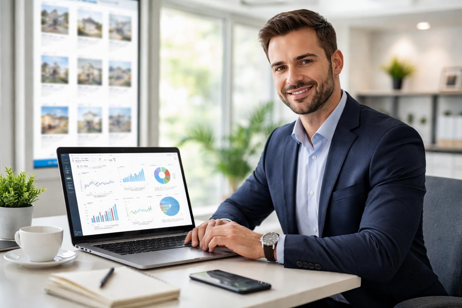 Ein Immobilienmakler arbeitet an einem Laptop mit Diagrammen zur Suchmaschinenoptimierung in einem modernen B&uuml;ro.