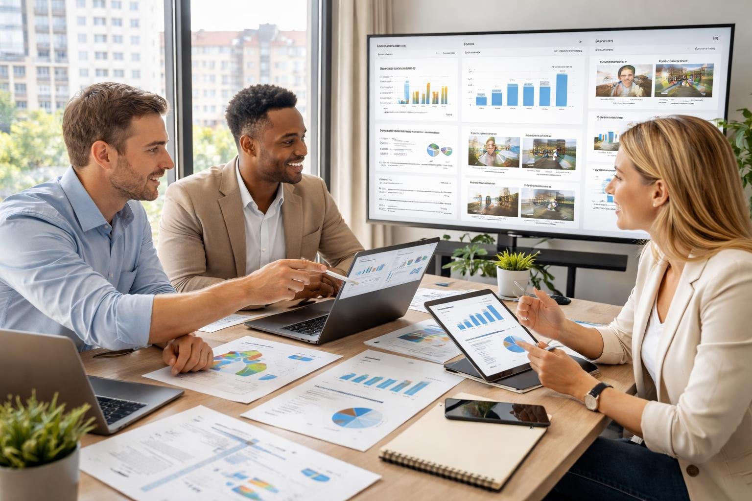 Mehrere Immobilienmakler arbeiten gemeinsam an einem Tisch mit Laptops und Diagrammen in einem hellen B&uuml;ro mit Blick auf eine Stadtlandschaft.