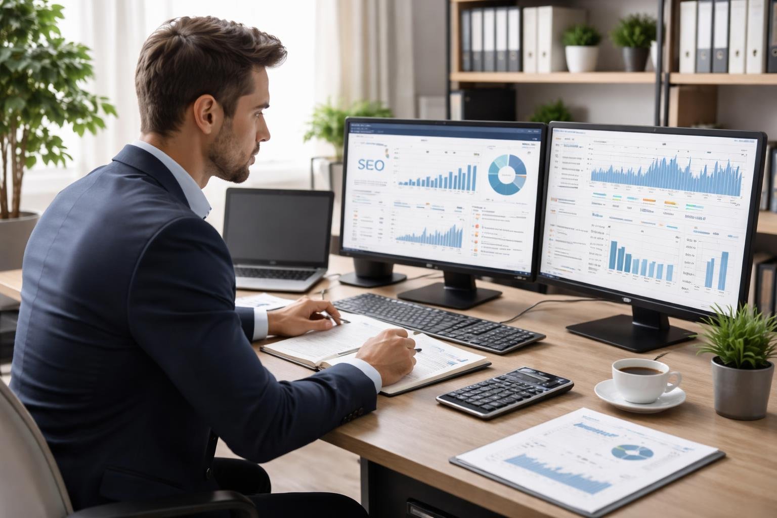 Ein Steuerberater arbeitet konzentriert an einem Schreibtisch mit mehreren Bildschirmen, die Diagramme und Analysedaten zeigen.