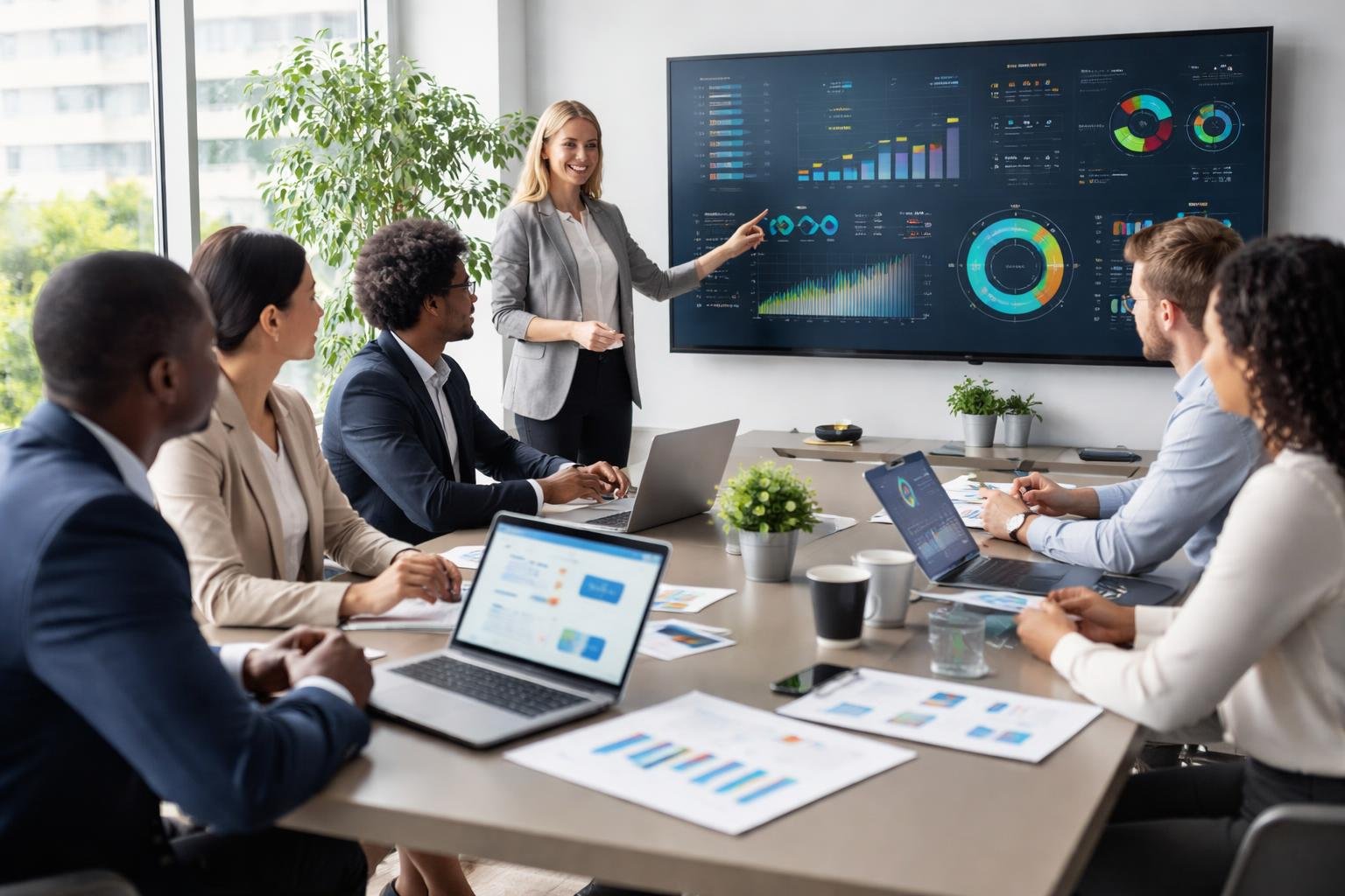 Gesch&auml;ftsleute in einem modernen B&uuml;ro, die gemeinsam an SEO-Strategien f&uuml;r Steuerberater arbeiten.