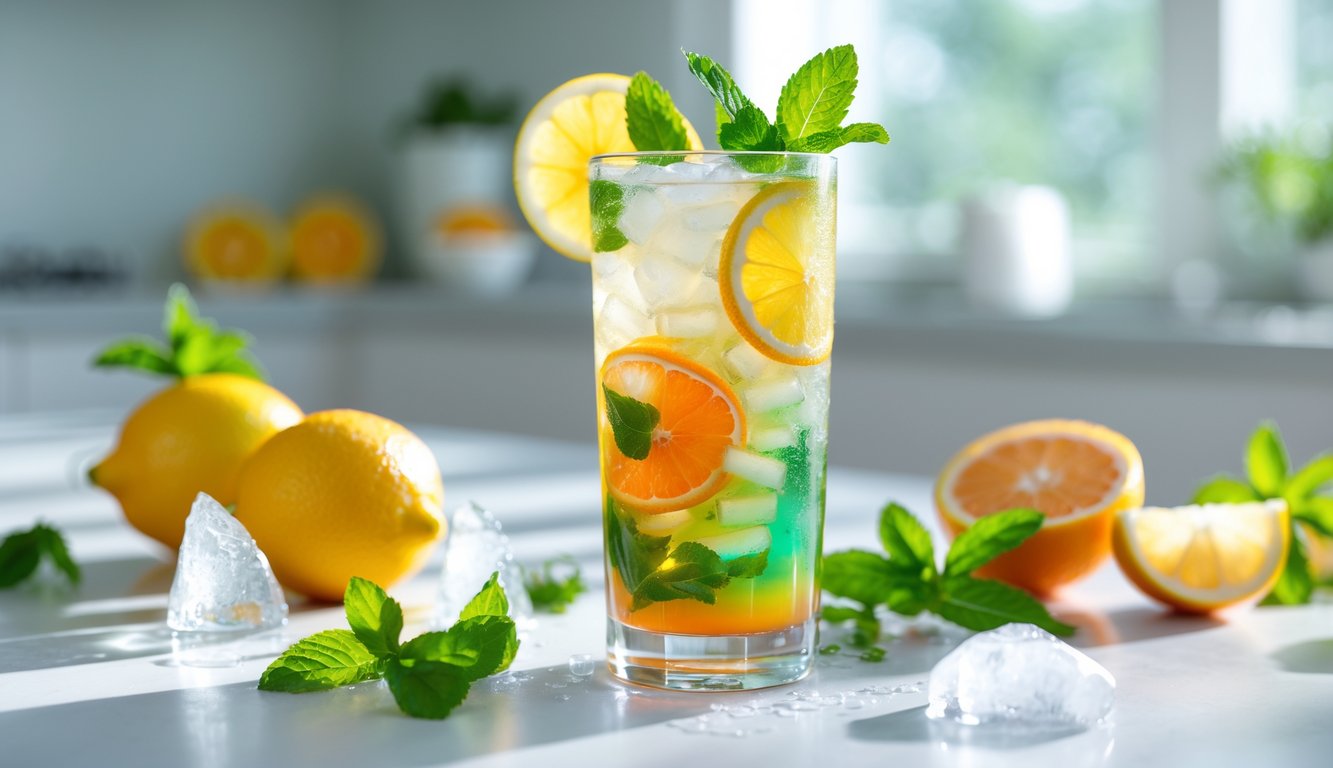 Segelas minuman dingin berisi es dan irisan buah jeruk dengan daun mint di atas meja dapur yang cerah dan bersih.