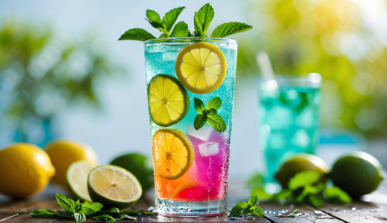 Segelas minuman dingin dengan es dan hiasan daun mint serta irisan buah sitrus di atas meja kayu dengan latar belakang taman yang cerah.