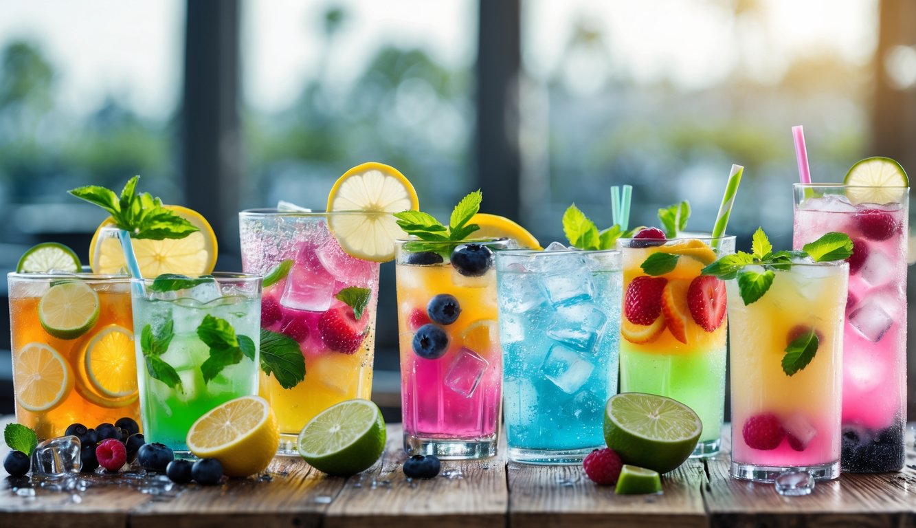 Berbagai minuman dingin segar berwarna-warni dengan es dan hiasan buah di atas meja kayu.