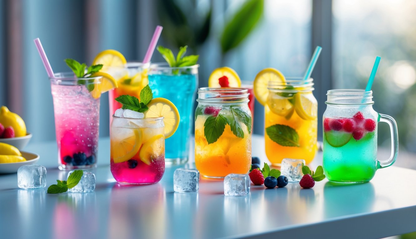 Berbagai minuman dingin segar dengan hiasan buah dan daun mint tersusun rapi di atas meja dengan latar belakang yang samar.