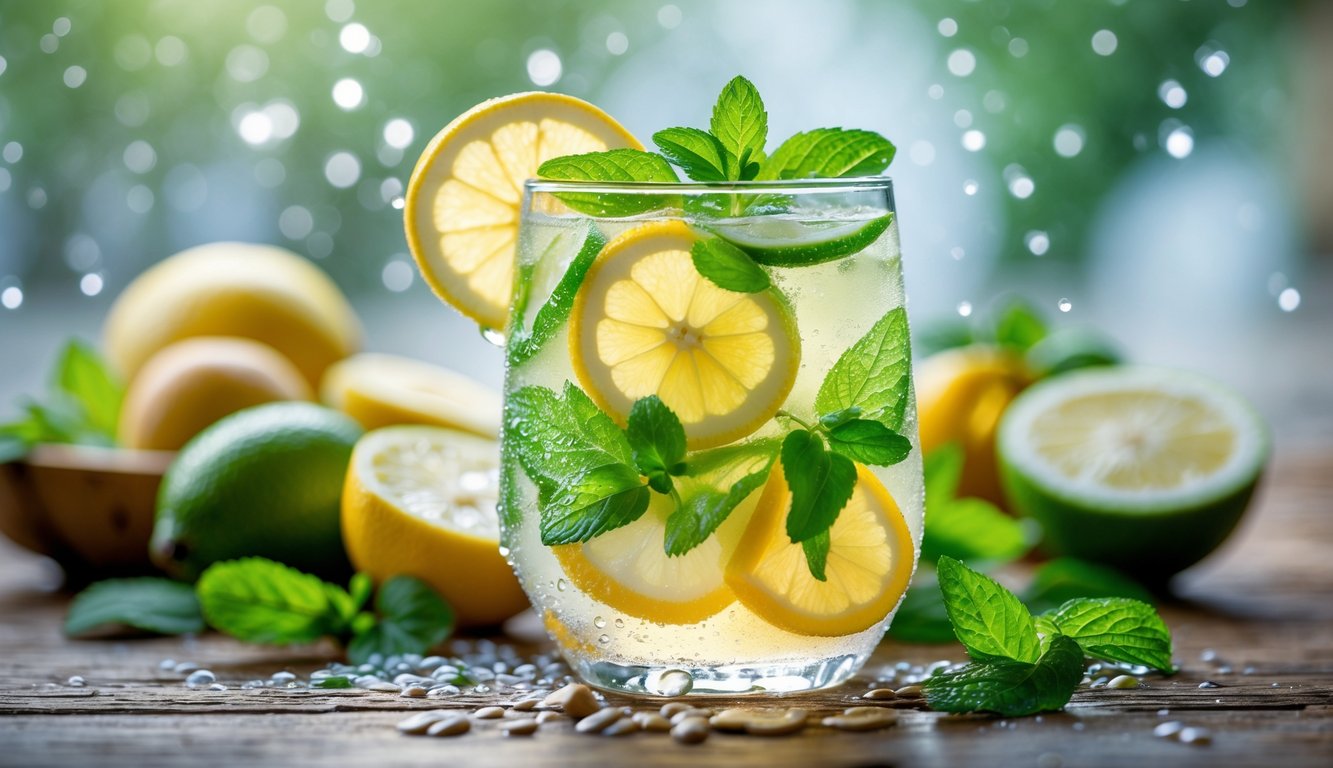 Segelas minuman dingin segar dengan irisan buah dan daun mint di atas meja kayu, dikelilingi oleh buah segar dan daun hijau.