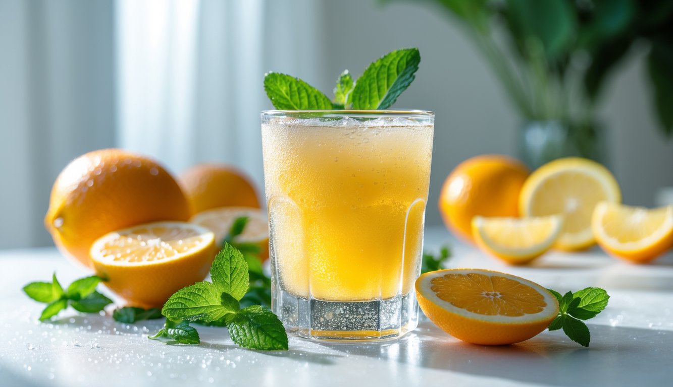 Segelas minuman dingin alami dengan es dan buah segar di sekitar, menunjukkan kesegaran dan kesehatan.