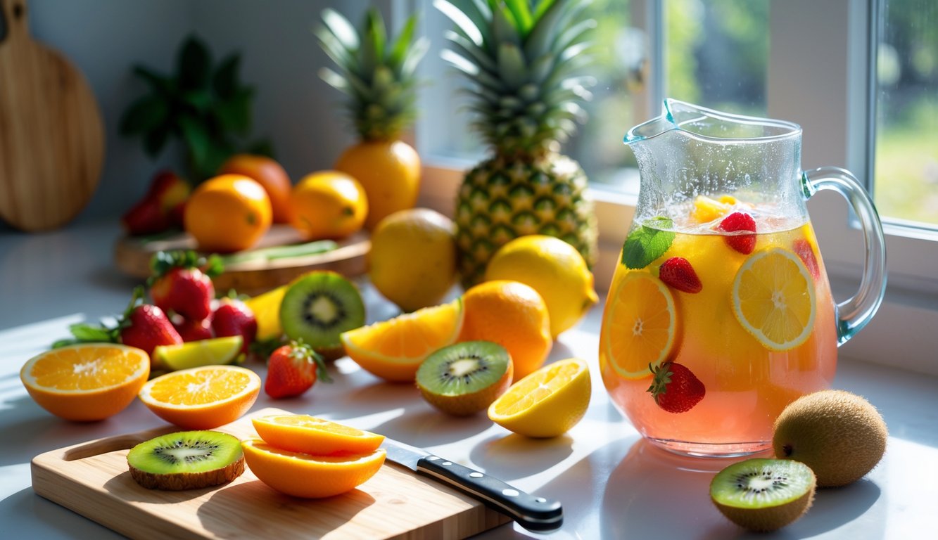 Minuman dingin segar dari buah-buahan segar di atas meja dapur dengan buah-buahan berwarna-warni dan pitcher berisi minuman dingin.