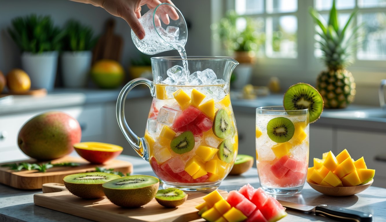 Sebuah dapur dengan pitcher berisi minuman dingin dari potongan buah segar dan es, dikelilingi buah-buahan segar dan alat memasak.