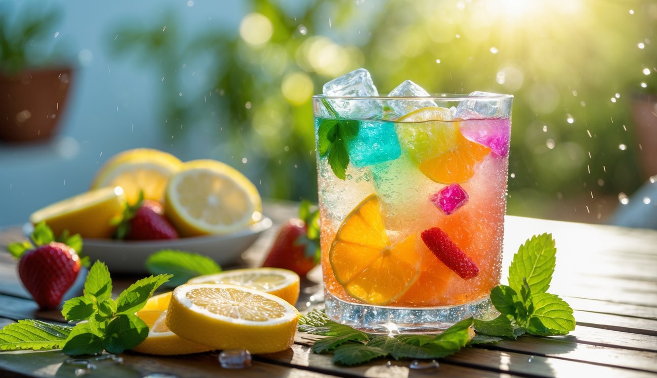 Segelas minuman dingin berisi es dan buah segar di atas meja kayu dengan latar belakang luar ruangan yang cerah.