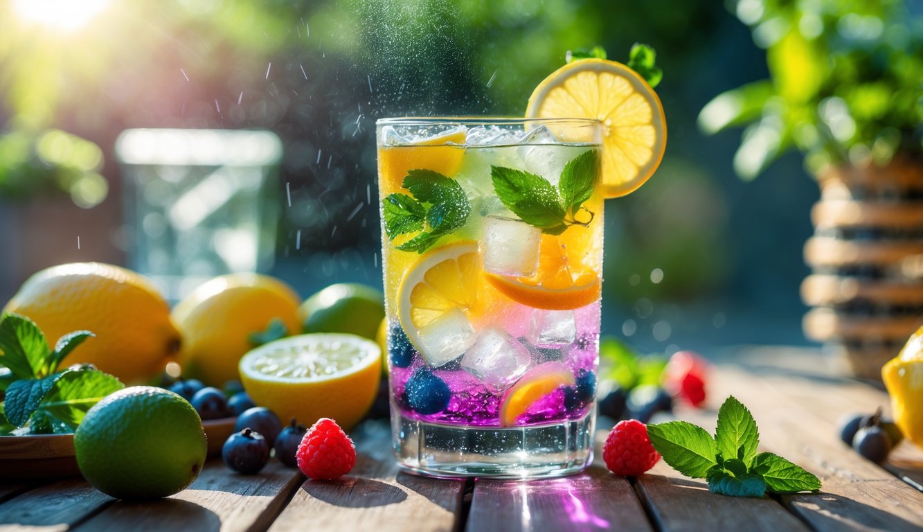 Segelas minuman dingin dengan es dan buah segar di atas meja kayu di bawah sinar matahari siang.