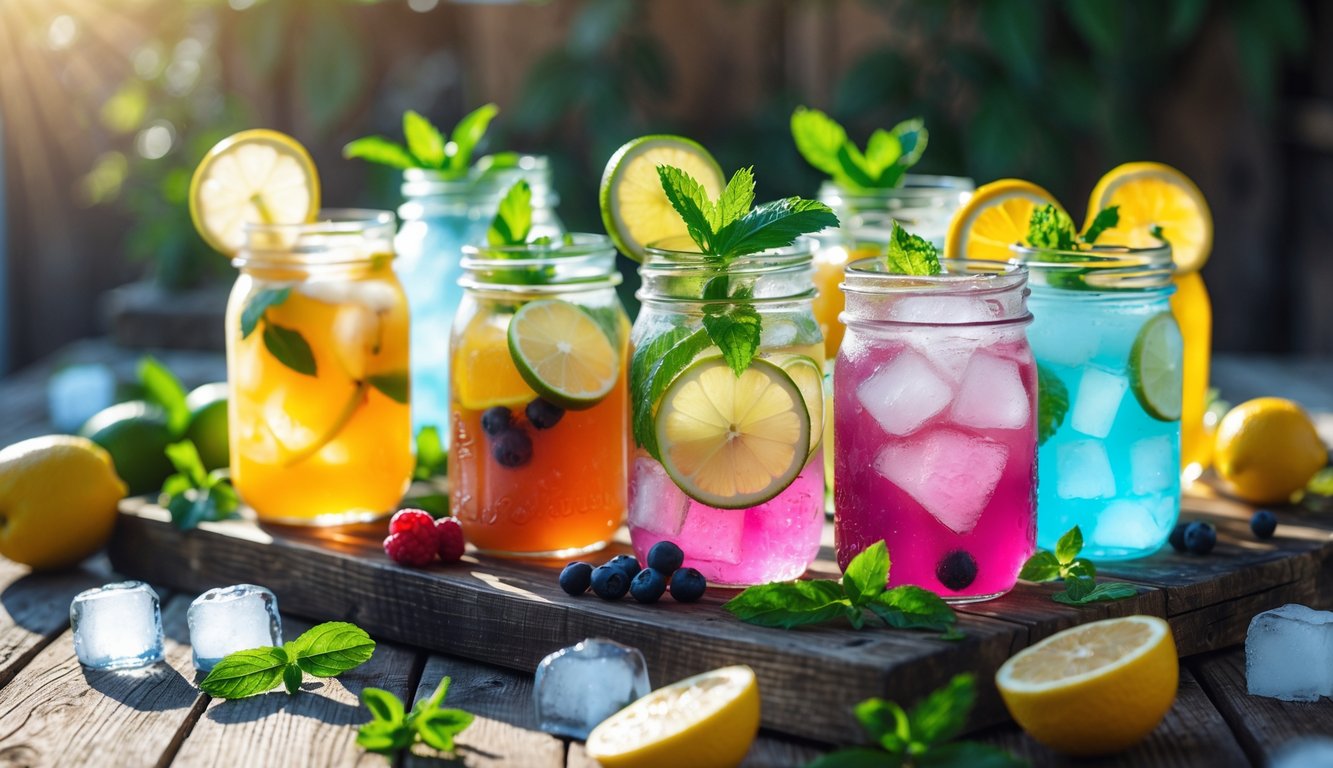 Berbagai minuman dingin segar dengan buah dan es di atas meja kayu.