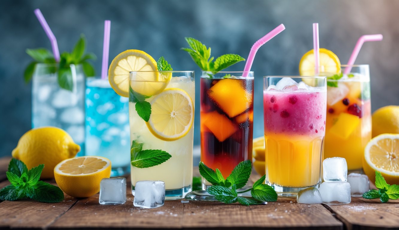 Beberapa gelas minuman dingin berwarna-warni di atas meja kayu dengan bahan-bahan segar seperti lemon, daun mint, dan es batu di sekitarnya.
