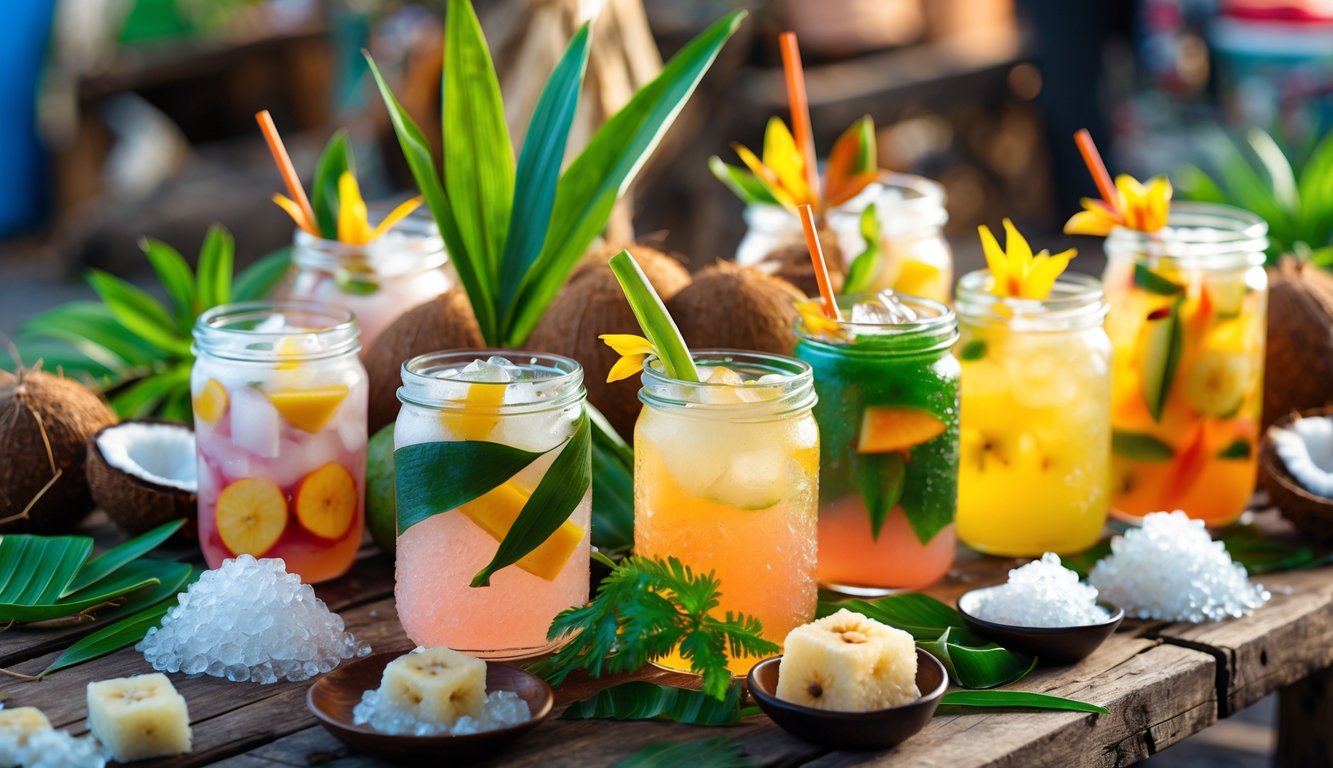 Berbagai minuman dingin tradisional Indonesia dengan buah segar dan es di atas meja kayu.