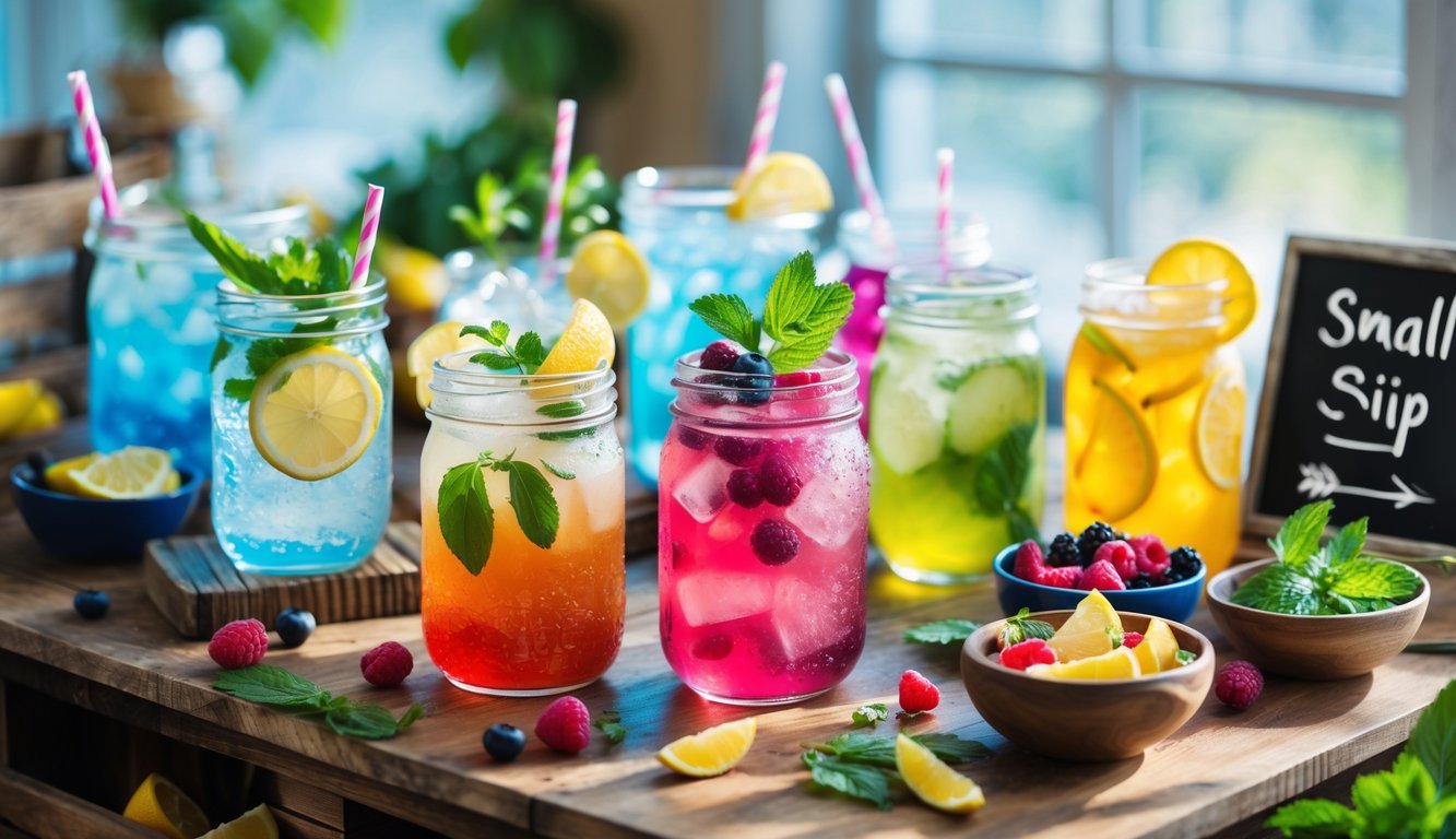 Beberapa gelas minuman dingin berwarna-warni dengan hiasan buah segar dan daun mint di atas meja kayu, dengan latar belakang yang samar dan pencahayaan alami.