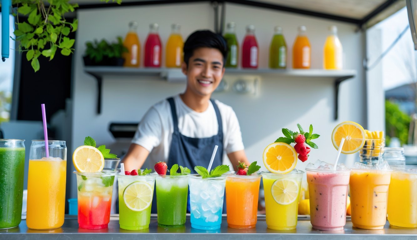 Seorang pengusaha muda melayani minuman dingin segar berwarna-warni di kios kecil yang rapi dan sederhana.