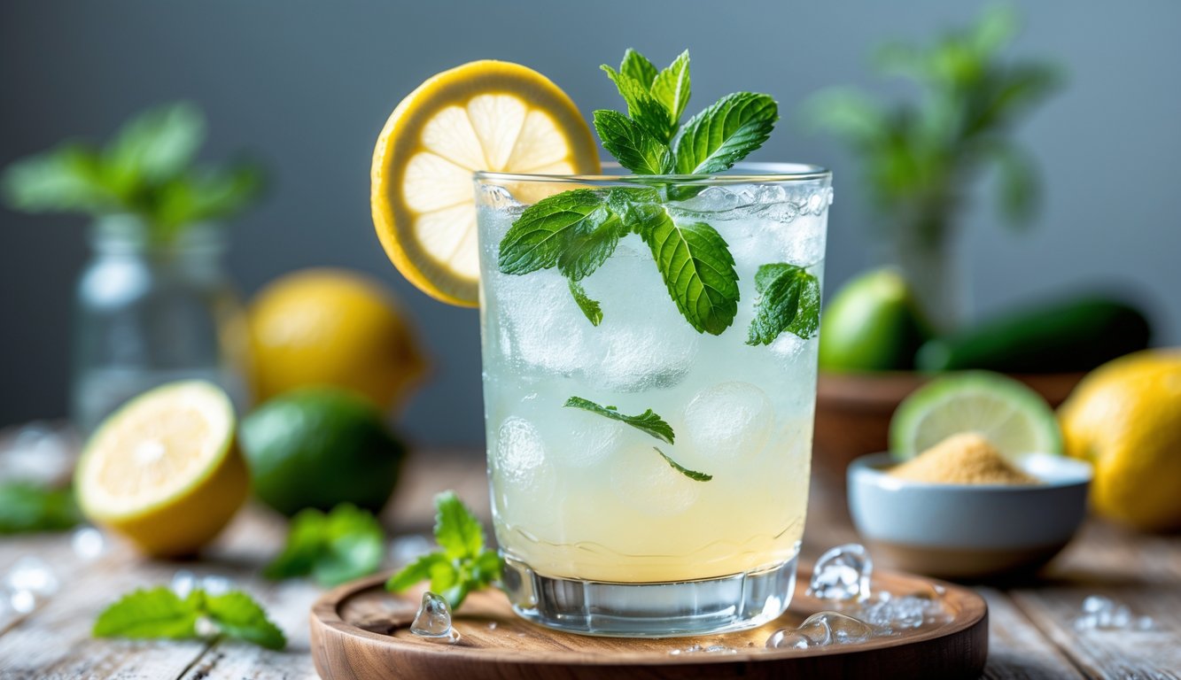Segelas minuman dingin rendah gula dengan irisan lemon dan daun mint di atas meja kayu, dengan buah-buahan segar di latar belakang.