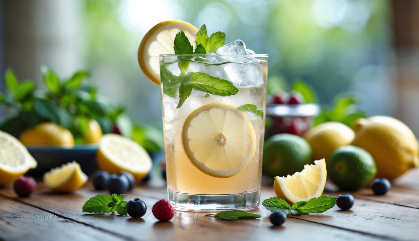 Segelas minuman dingin dengan es, irisan lemon, dan daun mint di atas meja kayu dengan buah segar di sekitarnya.