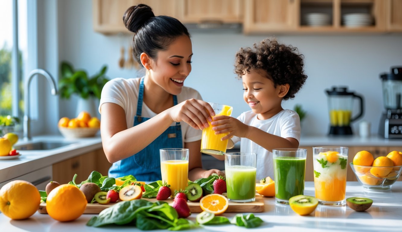 Seorang orang tua dan anak sedang membuat minuman dingin sehat bersama di dapur dengan berbagai buah segar dan gelas berisi minuman berwarna-warni.