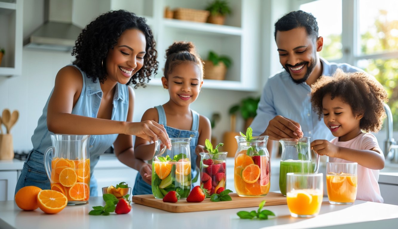 Keluarga sedang membuat minuman dingin segar dan sehat bersama di dapur yang terang dan modern.