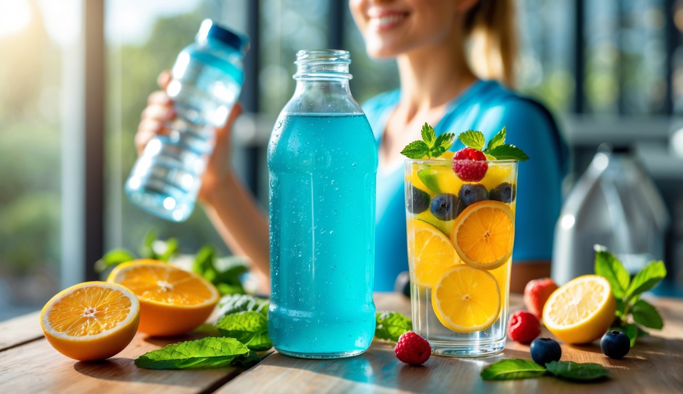 Botol dan gelas minuman berenergi dengan buah segar di atas meja kayu, latar belakang orang berolahraga tersenyum memegang botol air.