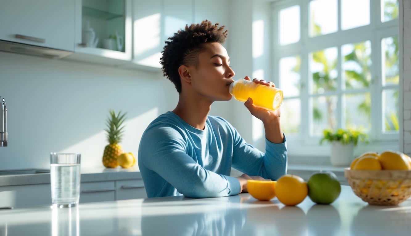 Seorang dewasa muda yang sehat dan energik sedang minum minuman berenergi di dapur modern yang terang.