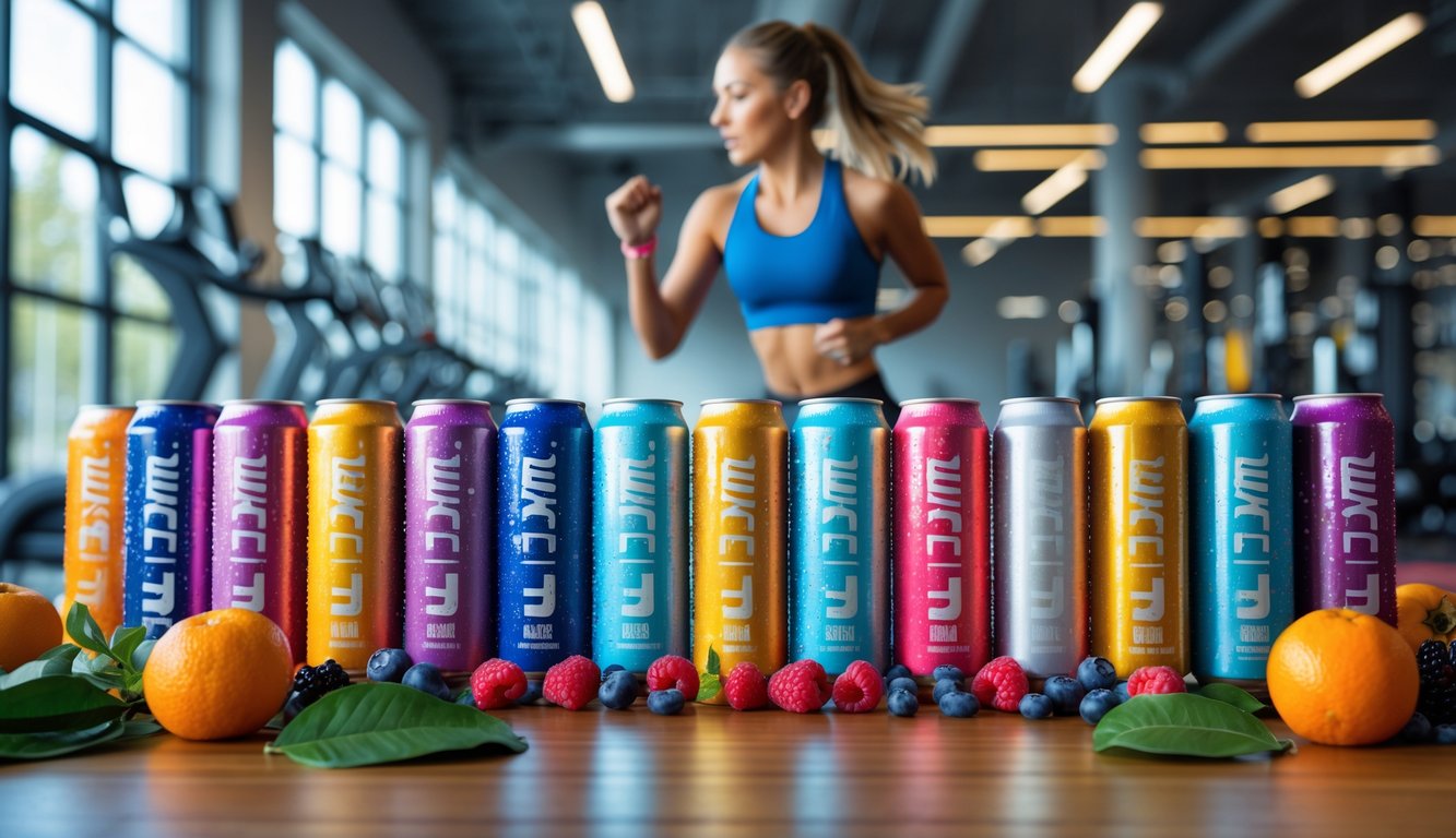 Beberapa minuman berenergi berwarna-warni di atas meja kayu dengan buah segar di sekitarnya dan seseorang yang sedang berolahraga di latar belakang.
