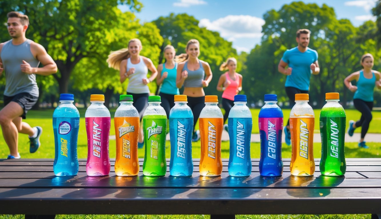 Sekelompok orang muda yang sehat dan energik berolahraga di taman dengan botol minuman berenergi di bangku kayu di depan mereka.