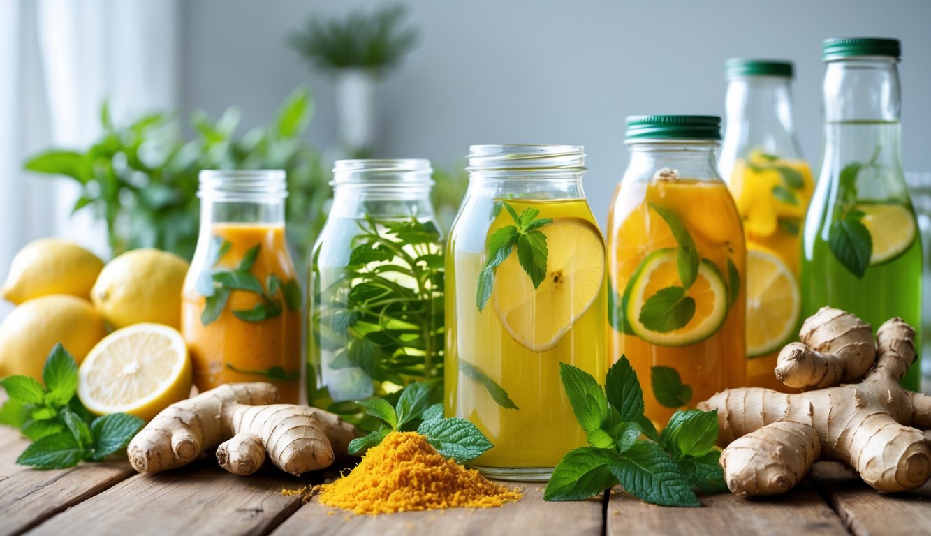 Berbagai minuman berenergi alami dalam botol kaca dengan bahan segar seperti lemon, jahe, kunyit, dan daun mint di atas meja kayu.