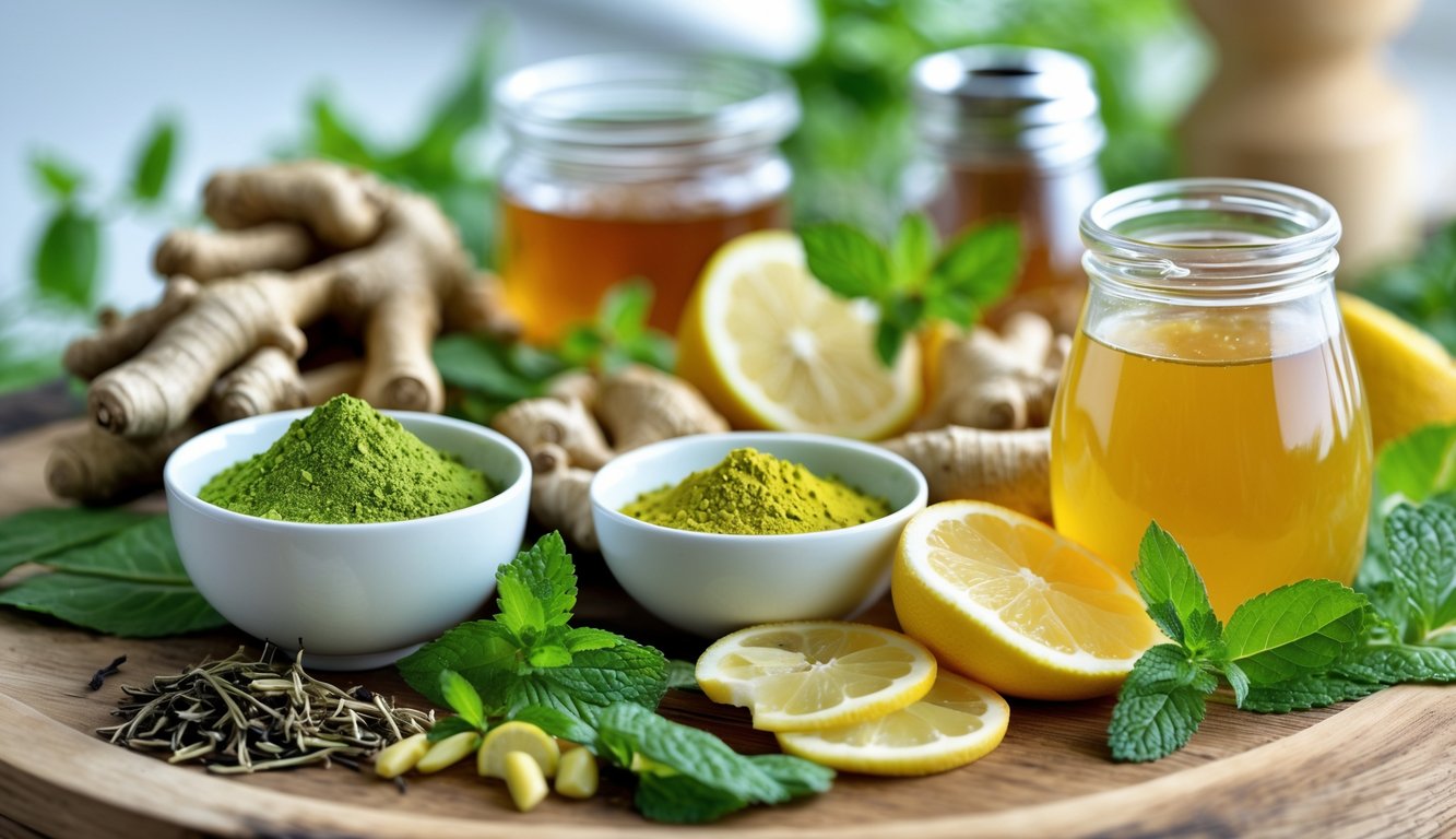 Berbagai minuman berenergi alami dengan bahan segar seperti jahe, lemon, ginseng, dan madu di atas meja kayu.