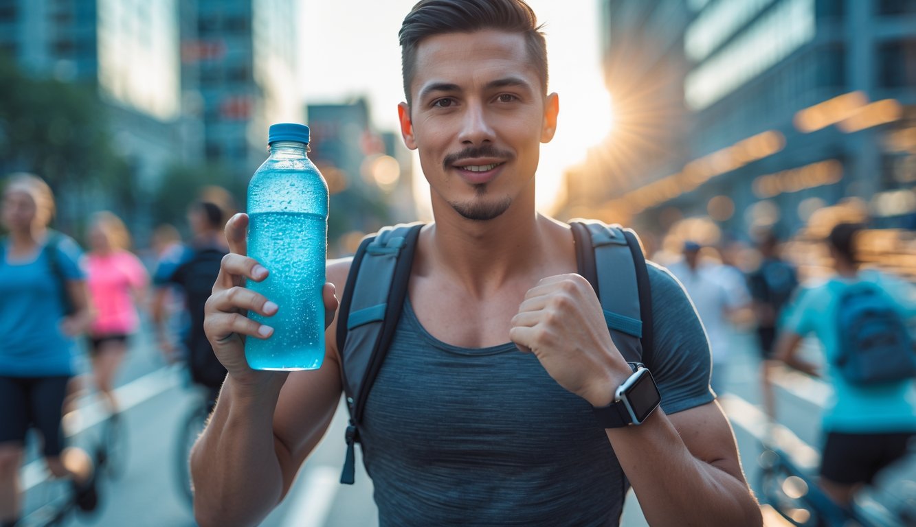 Seorang dewasa muda yang sehat memegang minuman berenergi di lingkungan perkotaan yang sibuk dengan orang-orang berjalan dan bersepeda di latar belakang.