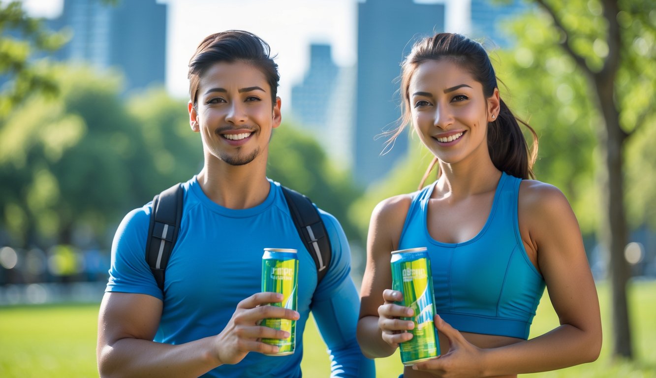 Seorang pria dan wanita muda berolahraga di taman kota, beristirahat sambil memegang minuman berenergi, terlihat segar dan bertenaga.