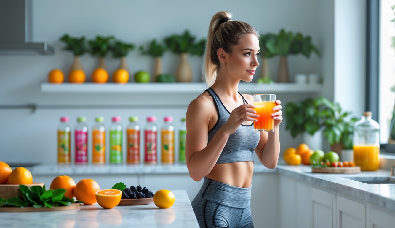 Seorang wanita muda berdiri di dapur modern memegang gelas minuman berenergi dengan buah segar dan bahan alami di sekitarnya.