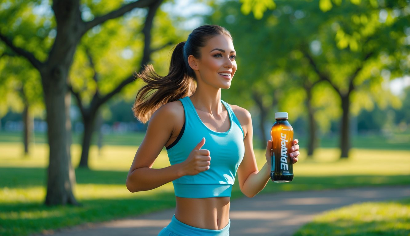 Seorang dewasa muda yang sehat dan energik sedang berlari di taman dengan botol minuman berenergi di tangan.